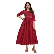 Rangita Maroon Rayon Calf Length Embroidered Flared Kurti | Kurta For Women_L