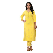 Rangita Kurta Giallo in Cotone Stampato con Pantaloni | Set Kurta per Donne_L