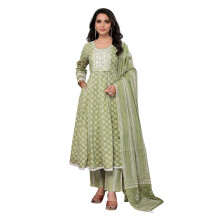 Rangita Verde Cotone Ricamato Anarkali Kurta Con Pantaloni E Dupatta | Set Kurta Per Donne_Xl