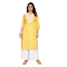 Rangita Yellow Cotton Straight Embroidered Calf Length Kurti | Kurta For Women_S