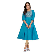 Rangita Turquoise Rayon Flared Embroidered Calf Length Kurti | Kurta For Women_M