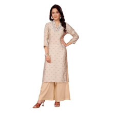 Rangita Beige Viscose Blend Straight Embroidered Calf Length Kurti | Kurta For Women_L