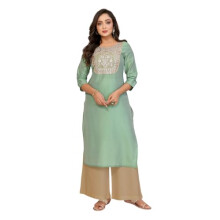 Rangita Green Viscose Blend Straight Embroidered Calf Length Kurti | Kurta For Women_L