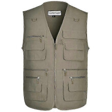 (L,dark khaki)Outdoor Men's Vest Middle-aged and Elderly Multi-pocket V Collar Horse Jacket Fishing Mountaineering Travel Thin Section Vest Plus Size