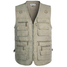 (L, khaki) Outdoor Men's Vest Middle-aged and Elderly Multi-pocket V Collar Horse Jacket Fishing Mountaineering Travel Thin Section Vest Plus Size