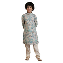 Manyavar Set Kurta Pyjama Digitale Verde Acqua in Lino per Bambini (5-6 Anni)