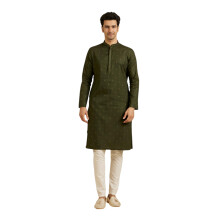 Manyavar Set Kurta Pyjama Uomo Cotone Verde Ricamato Oro Zari (Green,L)