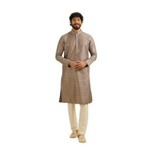 Manyavar Heren Art Silk Geborduurde & Sequin Kurta Set (Licht Grijs,M)