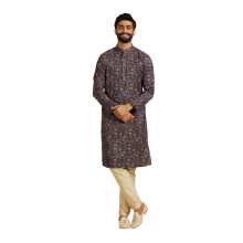 Manyavar Heren viscosemix Kurta pyjamaset met bloemenprint (blauw 3Xl)