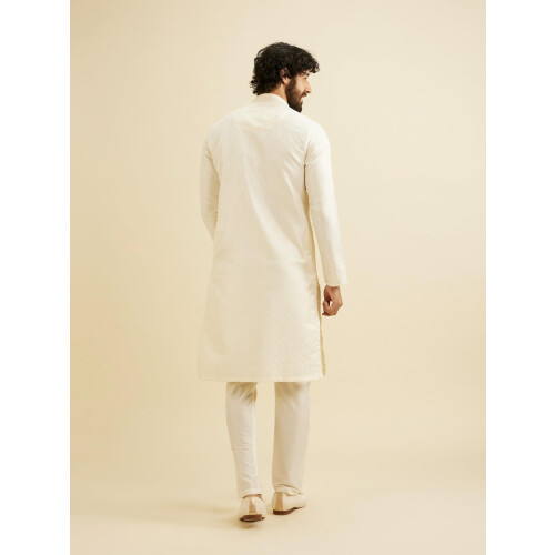 Manyavar Herrars Brokadtryckt Kurta Set (Crème, XL) 1