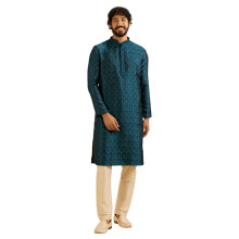 Manyavar Herrers Brocade Självdesign | Stenarbete Kurta Set (Blå, Xxl)