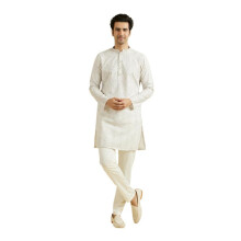Manyavar Heren bedrukte en Chikankari geborduurde Kurta broekset (Pista groen XL)