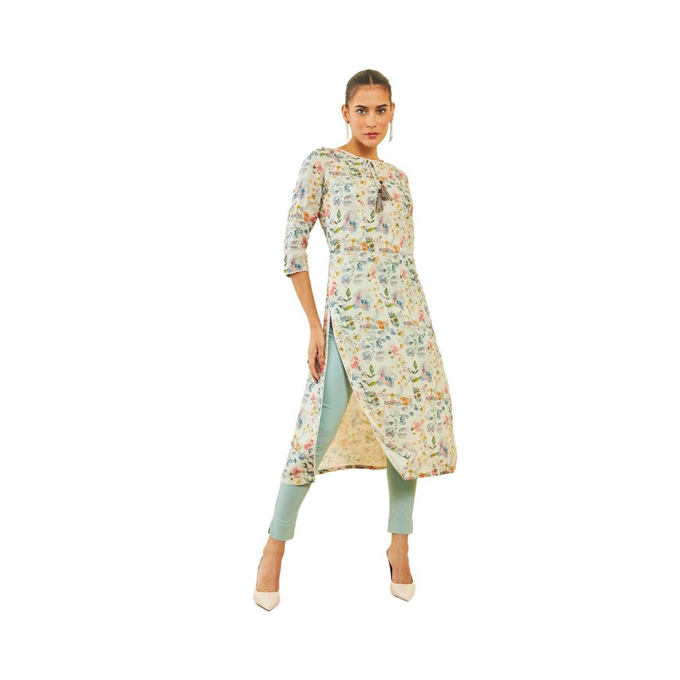 Soch Kurta Da Donna In Lino Beige Con Stampa Floreale, Beige, 42-image