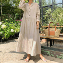 (3XL,beige)ZANZEA Women O-neck Long Sleeve Oversized Dress Solid Color Loose Casual Cotton Long Dresses Vestidos