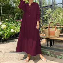 (XL,wine red)ZANZEA Women O-neck Long Sleeve Oversized Dress Solid Color Loose Casual Cotton Long Dresses Vestidos