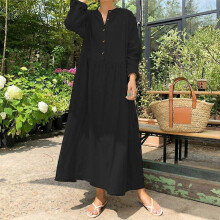 (5XL,black)ZANZEA Women O-neck Long Sleeve Oversized Dress Solid Color Loose Casual Cotton Long Dresses Vestidos