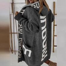 (M,dark gray)Long Cardigan Hooded Monogram Women's Sweater Knitted Coat