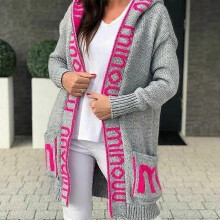 (M,grey)Long Cardigan Hooded Monogram Women's Sweater Knitted Coat