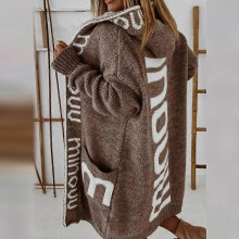 (M,brown)Long Cardigan Hooded Monogram Women's Sweater Knitted Coat