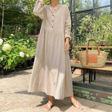 (S,black)ZANZEA Women O-neck Long Sleeve Oversized Dress Solid Color Loose Casual Cotton Long Dresses Vestidos