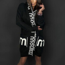 (XL,black)Long Cardigan Hooded Monogram Women's Sweater Knitted Coat