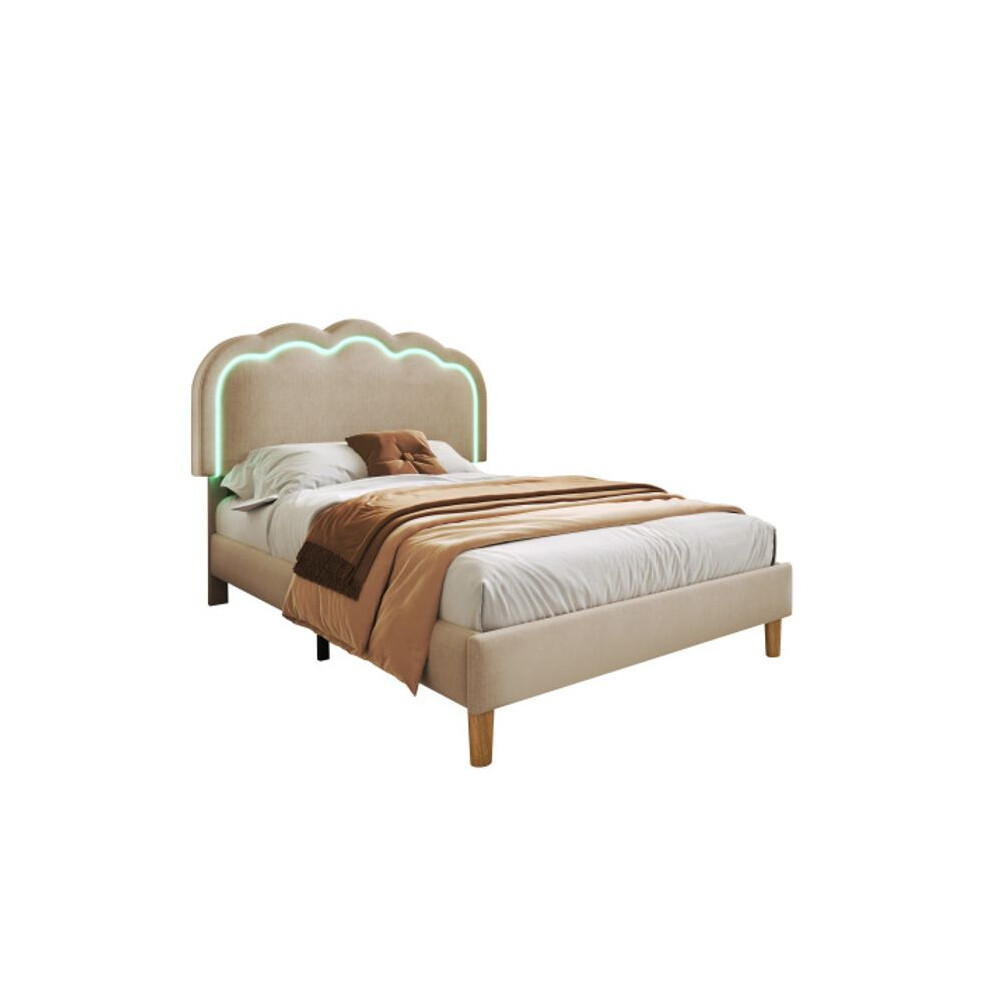 Lit LED simple 90 x 200 cm, cadre de lit avec sommier à lattes et tête de lit réglable, beige, tissu : lin