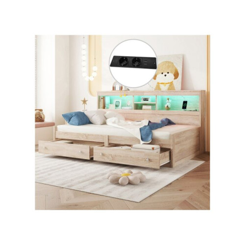 Dagbed - MUVOE - 90x200 cm - 2 USB-aansluitingen - LED-verlichting - Opslagladen