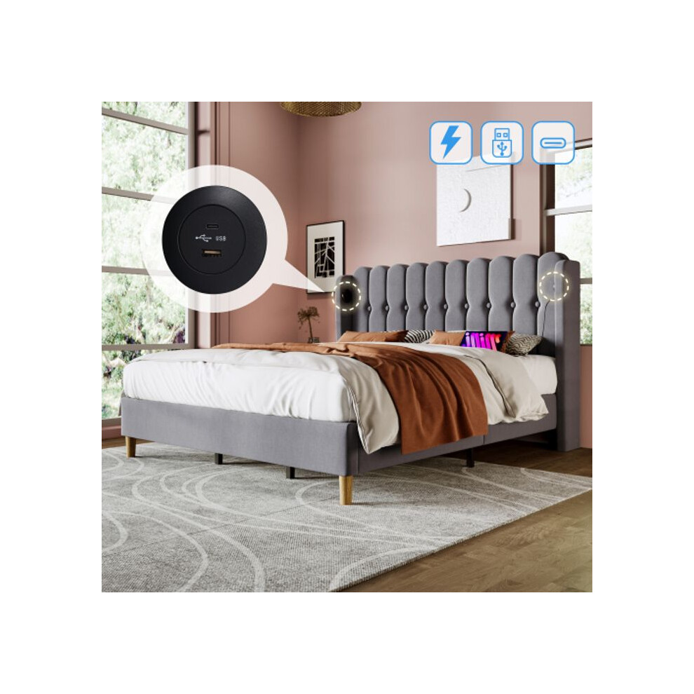 Lit double capitonné avec chargeur USB Type C,cadre de lit avec sommier à lattes, lit capitonné en gris,cadre de lit 180 x 200 cm