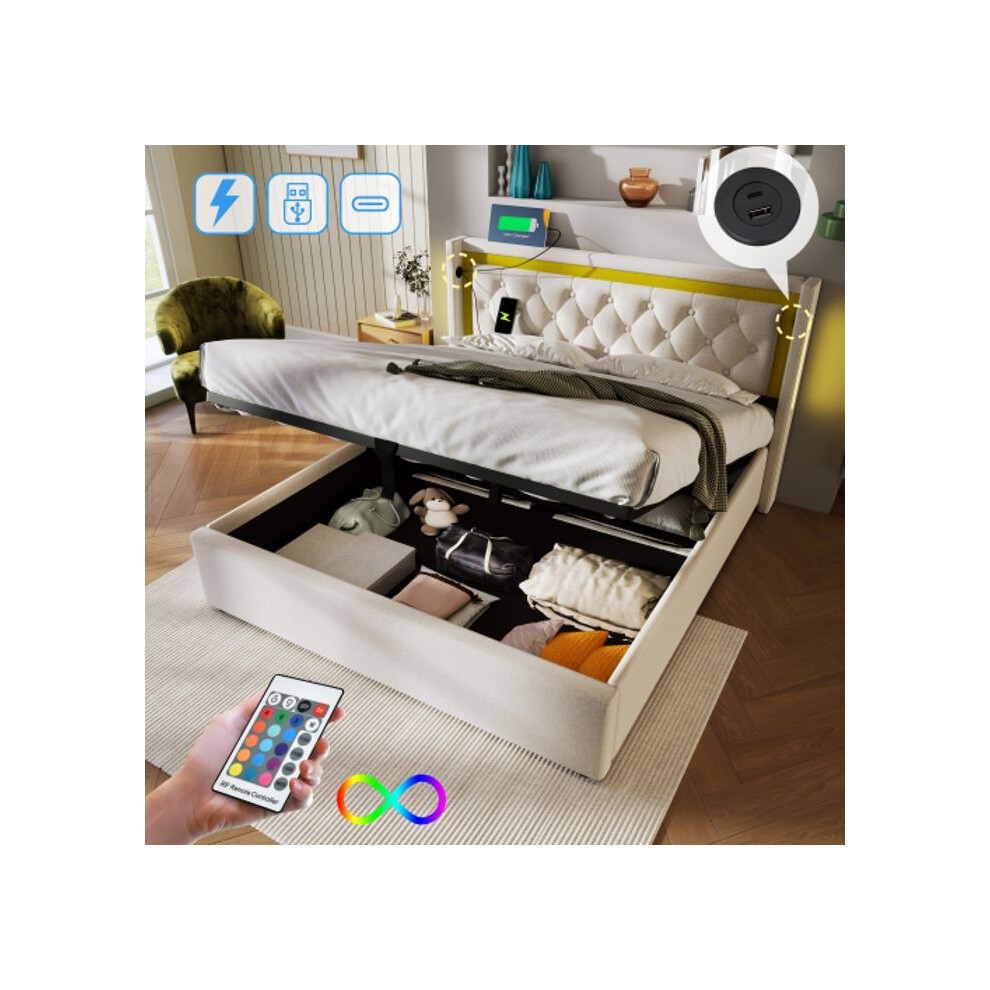 Lit LED rembourré Tête de lit avec casier et fonction de recharge USB C, 160x200 (sans matelas)