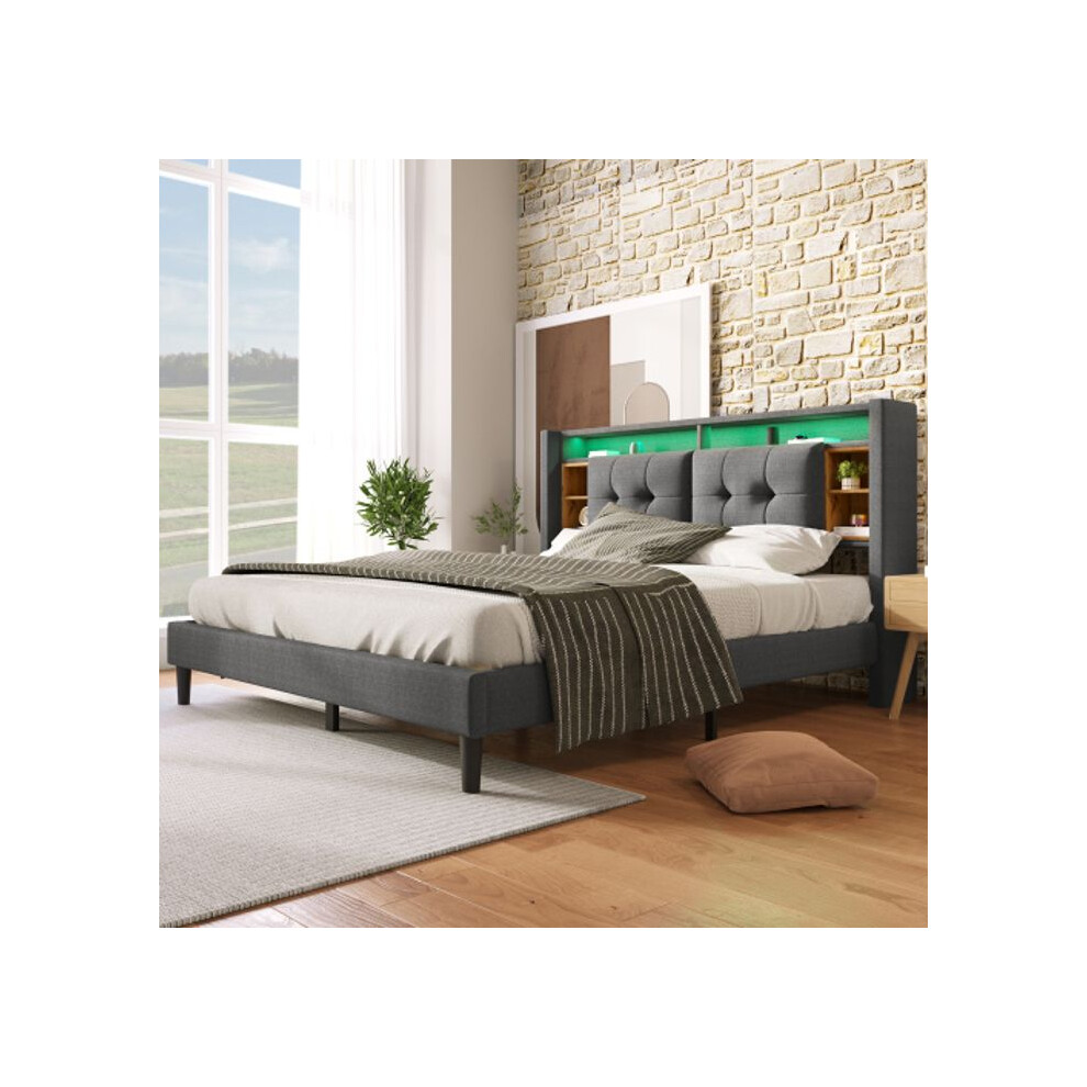 Lit double capitonné Tête de lit avec chargeur USB et éclairage LED Cadre de lit, 140*200CM Gris (sans matelas)