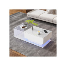 Mesa de centro - MUVOE - 100x50x32 cm - Branco brilhante - Vidro resistente - Iluminação LED integrada