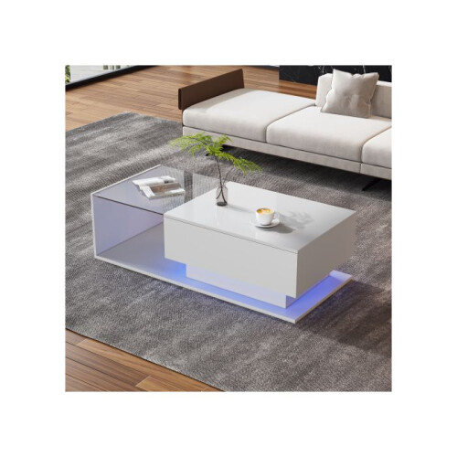 Table basse - MUVOE - 100x50x32 cm - Blanc brillant - Verre résistant - Éclairage LED intégré 2