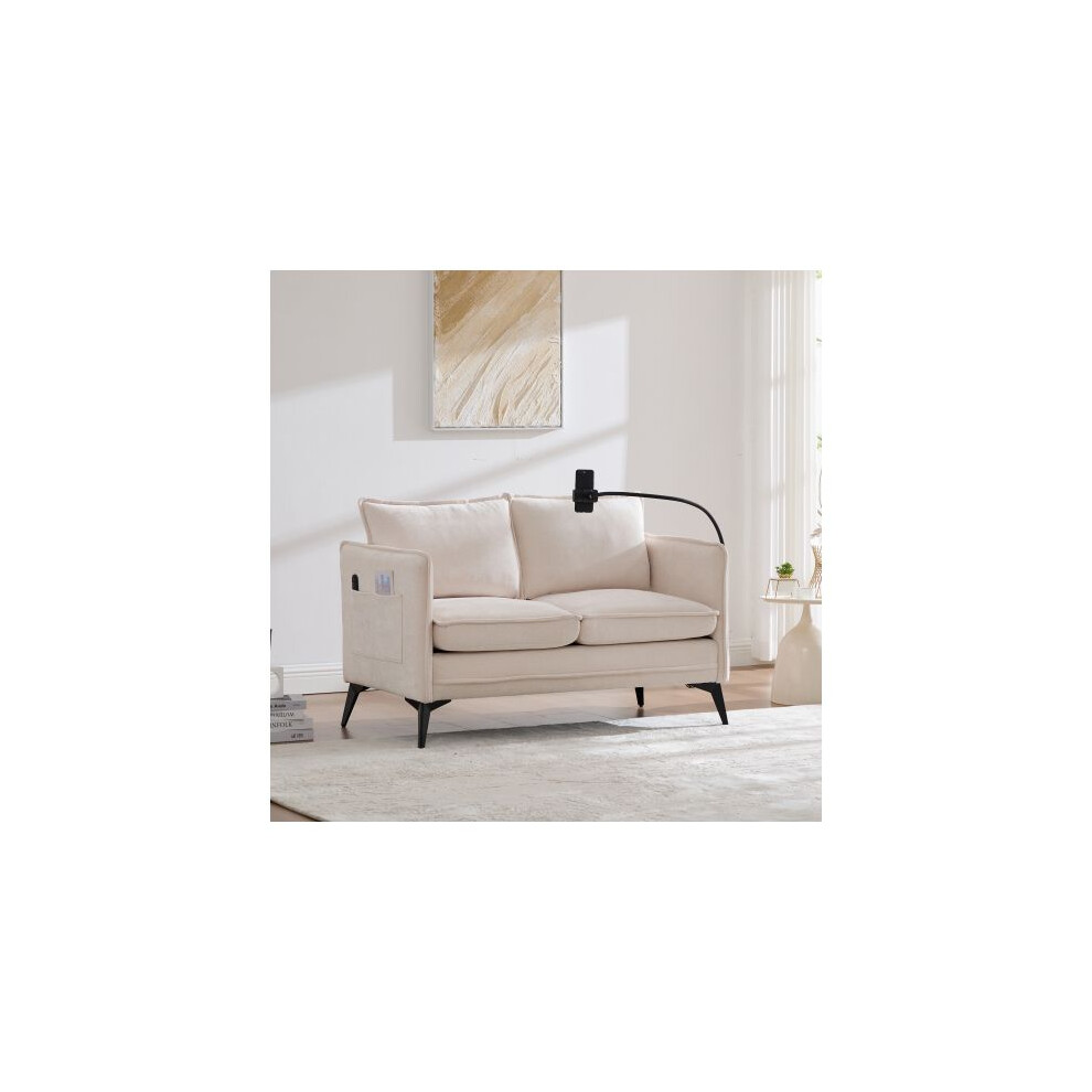 Canapé double moderne Petit canapé en tissu Fauteuil avec poches de rangement latérales + support réglable pour téléphone portable