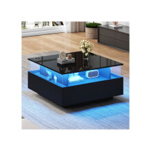 Moderne en glanzende LED salontafel, 70*70*41cm, met 2 lades en een transparante display-oppervlak - draagvermogen van 30kg