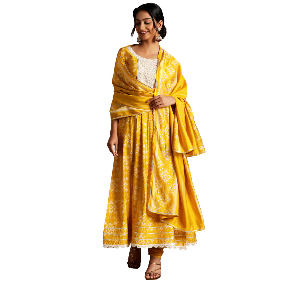 Libas Mustard Printed Silk Blend Anarkali Kurta With Churidar & Dupatta-image-OPC-PJKK86D-NEW