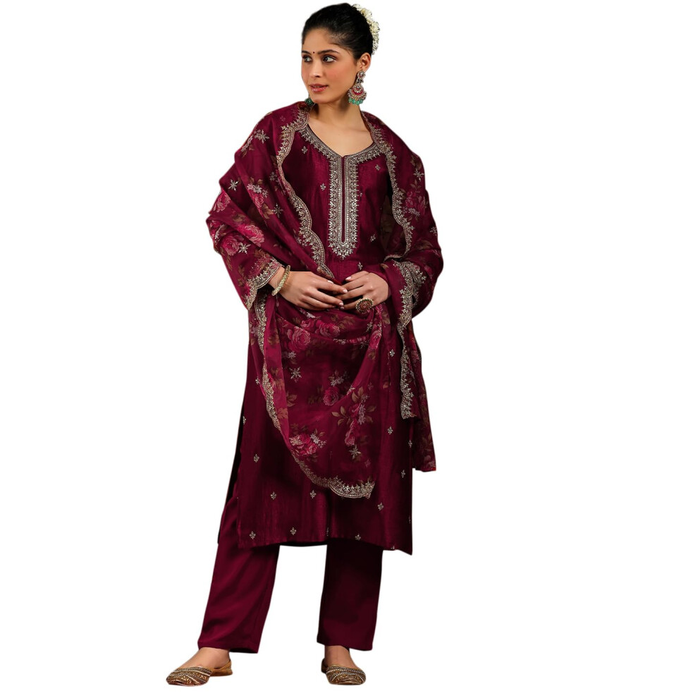 Ensemble Kurta en soie mιlangιe pour femme Libas (48604_Maroon)