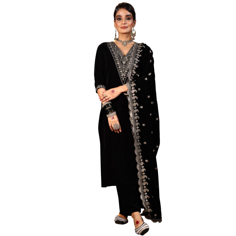 Ensemble Kurta en velours pour femme Libas (36975_Noir)