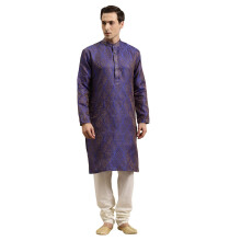 Sojanya (dal 1958) Kurta da uomo in seta jacquard blu e oro, taglia 36