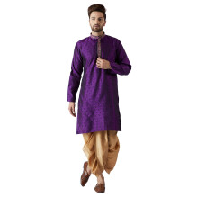 Σετ Kurta & Dhoti από μείγμα μεταξιού Sojanya (από το 1958) για άνδρες, μωβ και χρυσό, μέγεθος: M