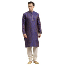 Sojanya (dal 1958) Set pigiama Kurta in seta jacquard blu e oro e Churidar bianco sporco da uomo, taglia 40