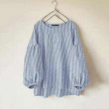 (S,blue)ZANZEA Women Casual O-neck Nine Quarter Sleeve Loose Stripe Blouse