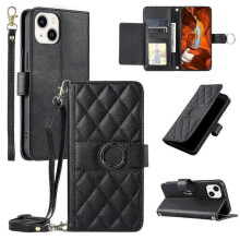 (Black) For Iphone 15 Crossbody Leather Case Ring Buckle Wallet Stand Rhombus Mobile Cover(EPA13)
