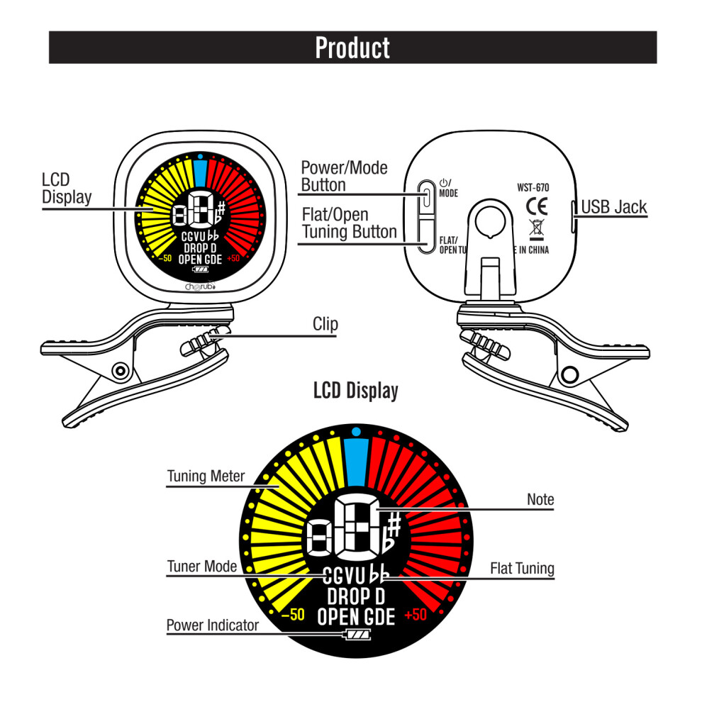 Cherub WST-670 Rechargeable Clip-on Guitar Tuner