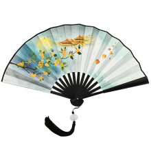Chinese Double-Sided Folding Fan for Home, Decorative Art Hand Fan with Tassels for Parties, 9-Inch Size, Traditional Style