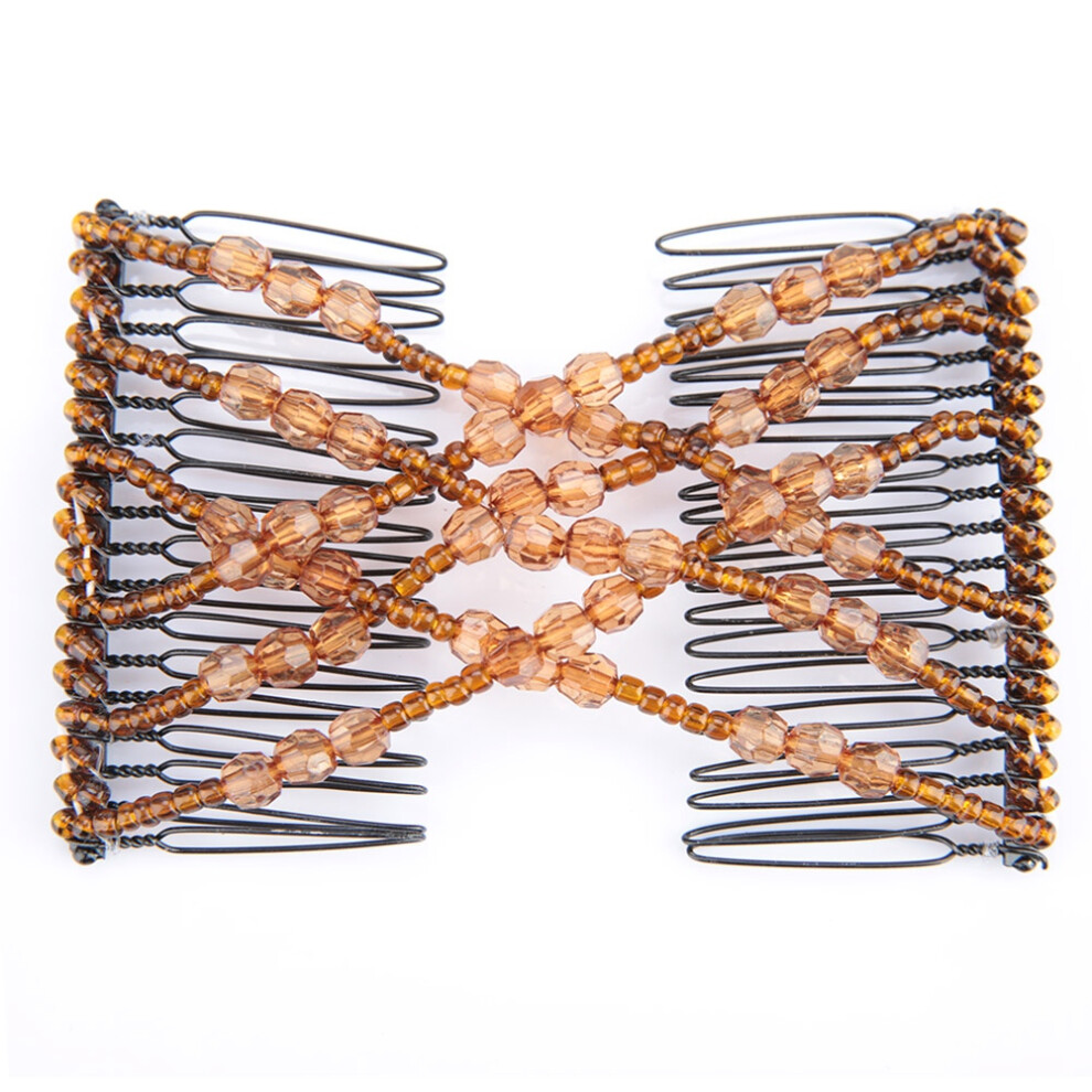 Stretchy Beaded Hair Comb Clip - Double Comb Hair Disk in Coffee Shade