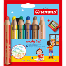 STABILO woody 3-in-1 - Multi-Talented Pencil - Pack of 6 - Assorted Colours with Sharpener