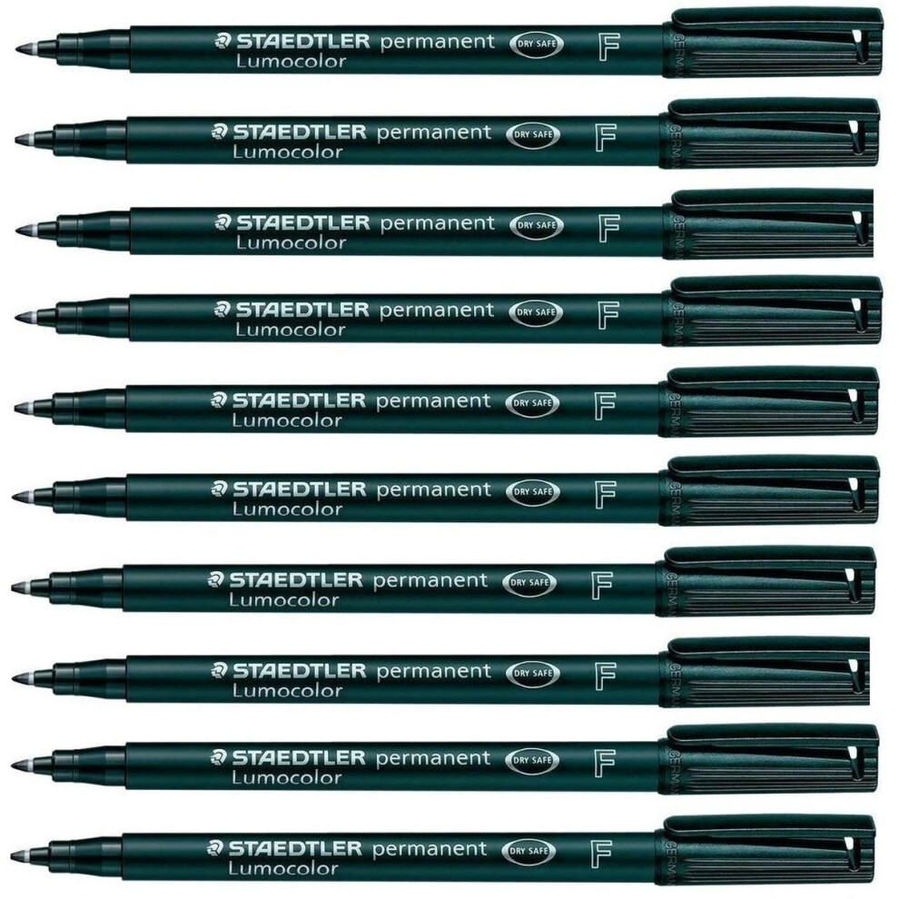 Staedtler Lumocolor Black Fine Permanent Marker Pens Pack of 10 Waterproof Smudge Resistant Quick Dry CD DVD OHP
