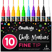 Chalkola 10 Fine Tip Liquid Chalk Pens for Chalkboard Signs, Blackboard, Window, Labels, Bistro, Glass, Car (10 Pack 3mm) - Wet Wipe Erasable Ink