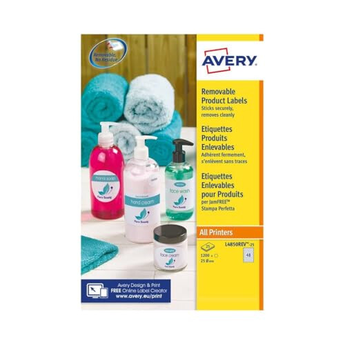 Avery Removable, Printable, Multi Purpose Circle Labels, Multi Surface, ? 25 mm, White, 48 Labels per Sheet, 1200 Blank Labels per Pack (L4850REV-25) 1