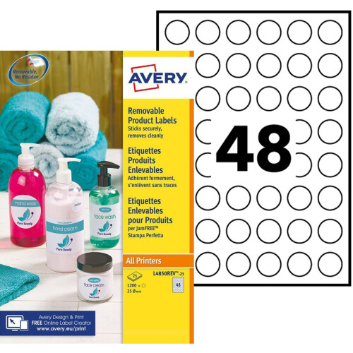 Avery Removable, Printable, Multi Purpose Circle Labels, Multi Surface, ? 25 mm, White, 48 Labels per Sheet, 1200 Blank Labels per Pack (L4850REV-25)